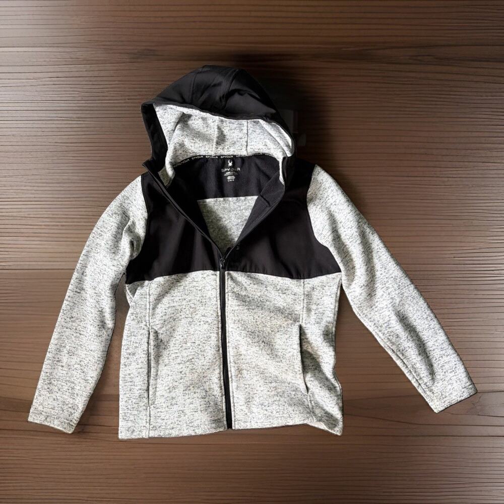 Spyder Sz L Gray Black Hooded Full Zip Sweater Fleece Jacket Gorpcore Ski Hiking